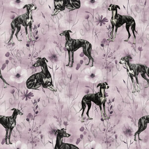 Lévrier noir fond floral mauve