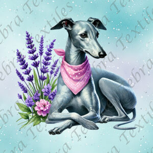 Lévrier gris foulard fond aqua mauve