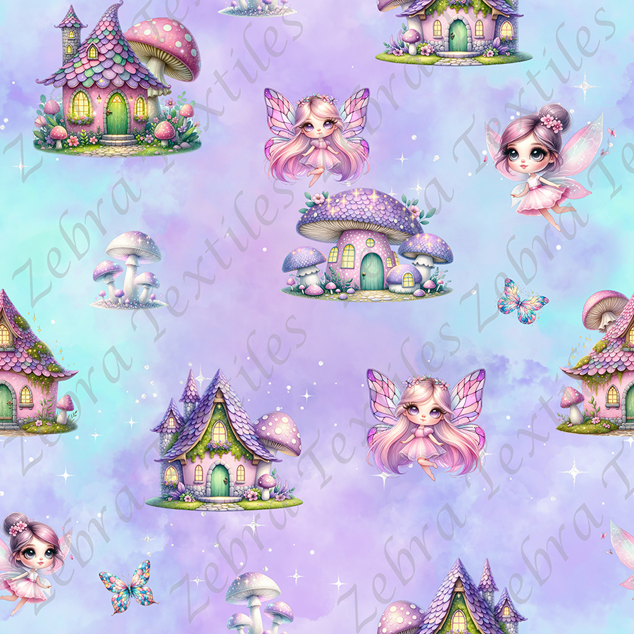 Maisonnette mauve et fée fond mauve aqua