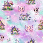 Maisonnette mauve et fée fond nuageux