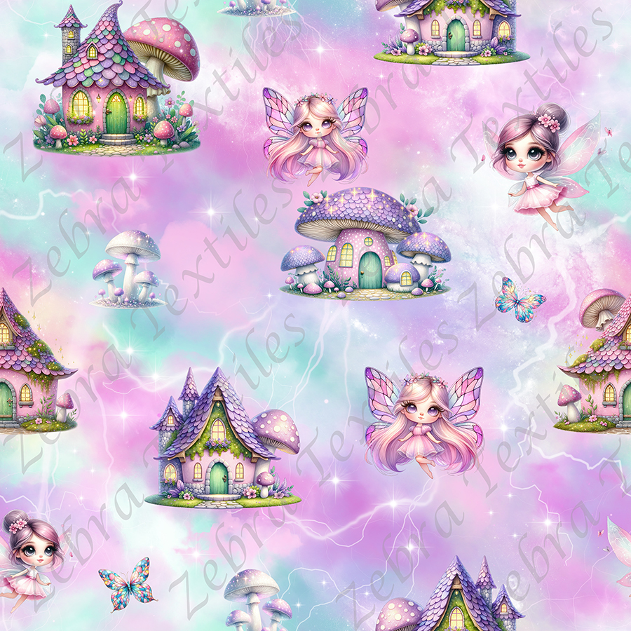 Maisonnette mauve et fée fond nuageux
