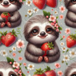 Paresseux fraise et fleur fond gris