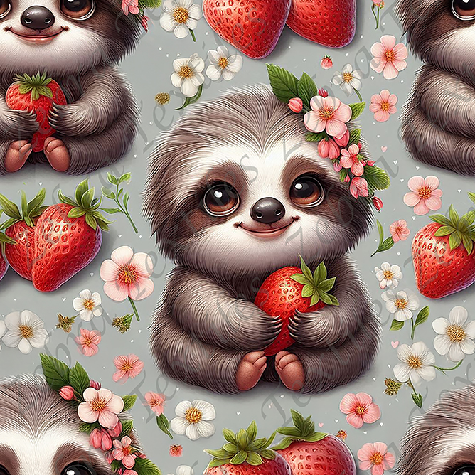 Paresseux fraise et fleur fond gris