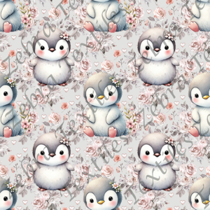 Pingouin mignon floral fond gris