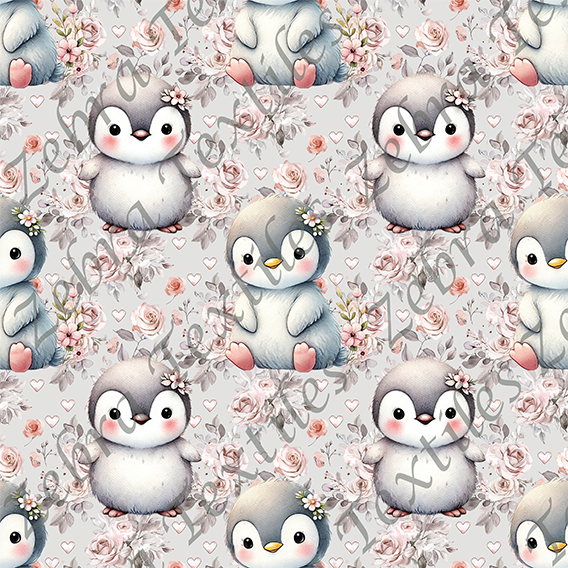 Pingouin mignon floral fond gris