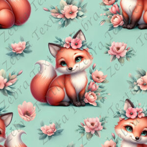 Renard floral rosé pêche fond aqua
