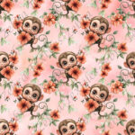 Singe mignon et fleur rose fond rose
