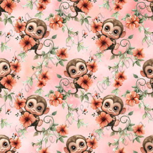 Singe mignon et fleur rose fond rose