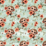 Singe mignon et fleur rose fond sarcelle
