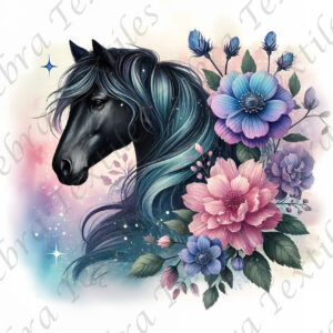 Tête de cheval et floral rose bleu