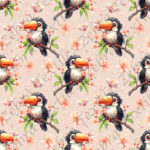 Toucan et fleur de cerisiers fond rose