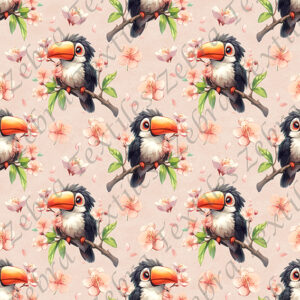 Toucan et fleur de cerisiers fond rose