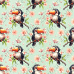 Toucan et fleur de cerisiers fond vert