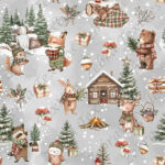 Animaux au chalet pour Noël fond gris