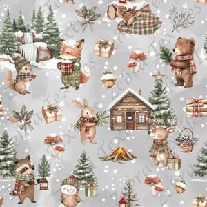Animaux au chalet pour Noël fond gris