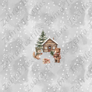 Animaux au chalet pour Noël fond gris