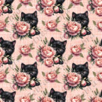 Chat noir et pivoine rose fond lin
