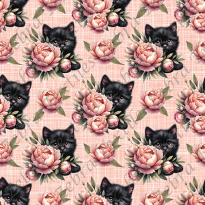 Chat noir et pivoine rose fond lin