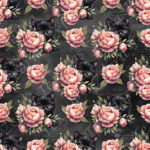 Chat noir et pivoine rose fond noir
