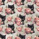 Chat noir et pivoine rose fond taupe