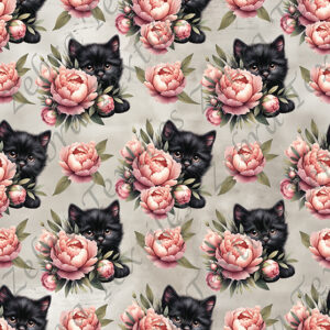 Chat noir et pivoine rose fond taupe