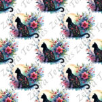 Chat noir lune floral fond blanc