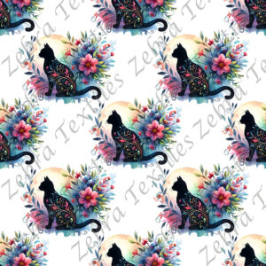 Chat noir lune floral fond blanc