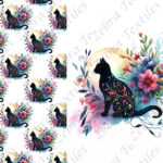 Chat noir lune floral fond blanc