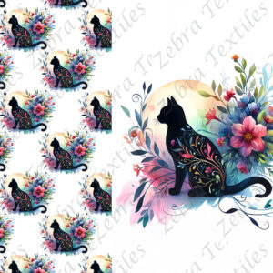 Chat noir lune floral fond blanc