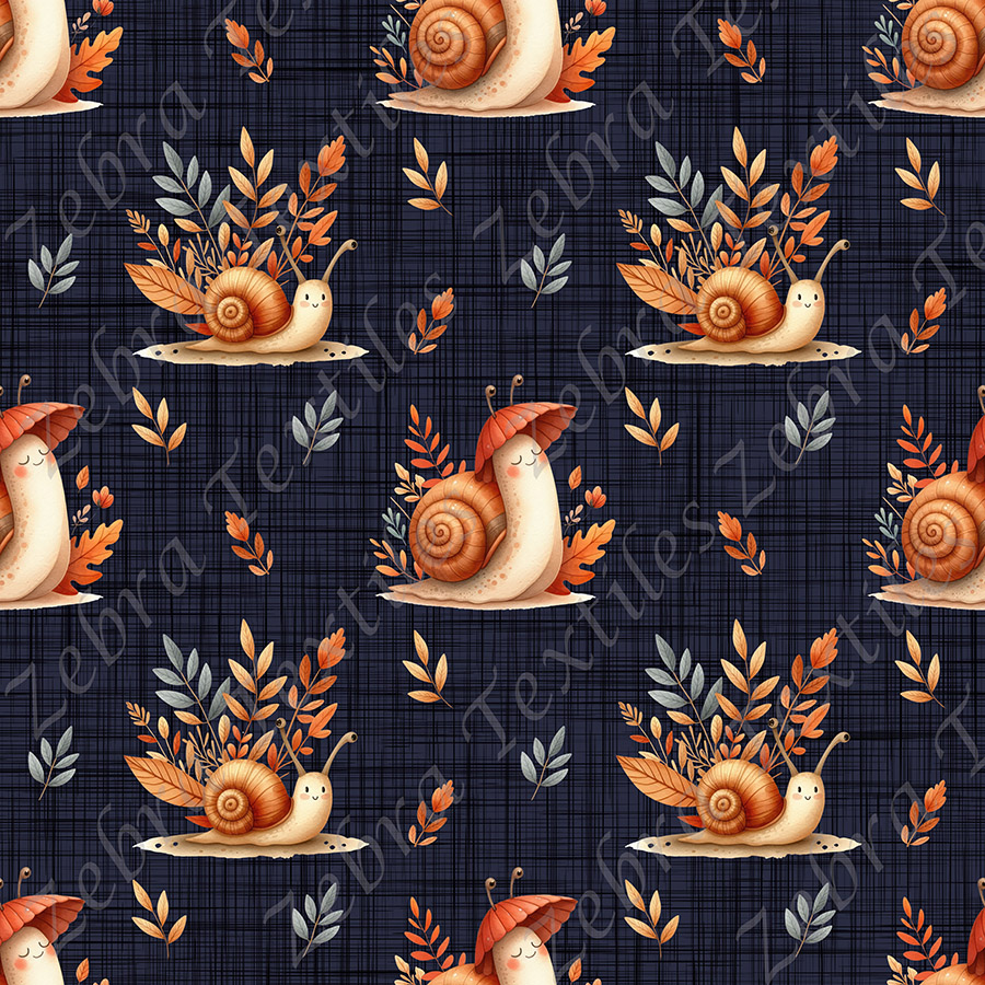 Escargot et feuillage fond lin marine