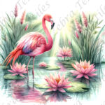 Flamant rose levé du soleil et lotus