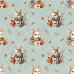 Lapin et feuille d'automne fond turquoise
