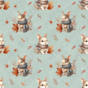 Lapin et feuille d'automne fond turquoise