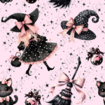 Sorcière robe noire fond rose