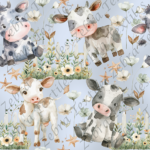 Vache et clôture fond bleu
