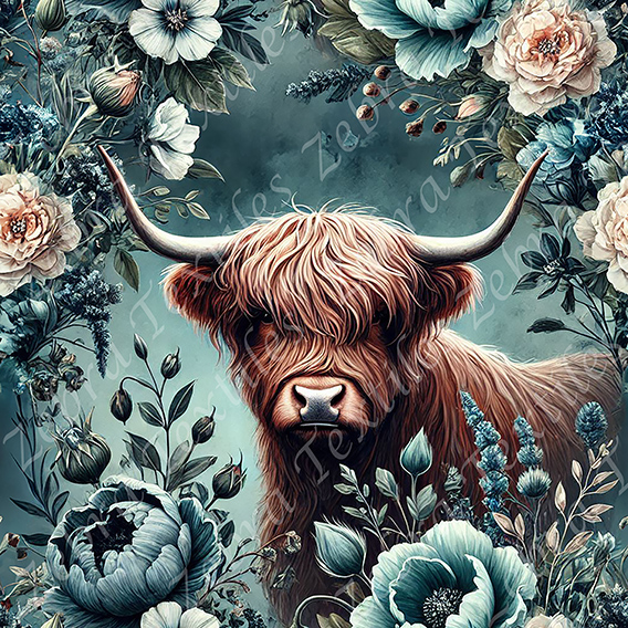 Vache highland floral aqua rosé