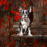 Boston terrier sur banc en automne