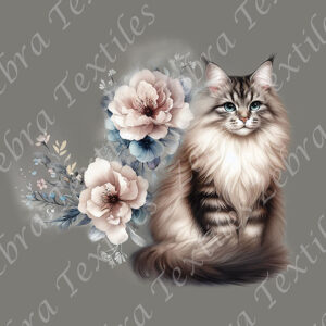 Chat et pivoine rose pâle fond gris