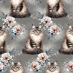 Chat et pivoine rose pâle fond gris