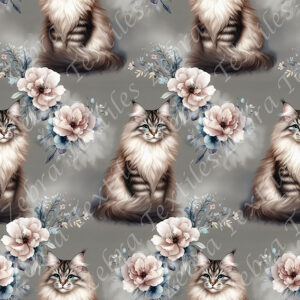 Chat et pivoine rose pâle fond gris