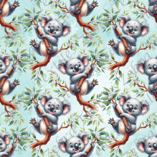 Koala joyeux et feuillage fond aqua
