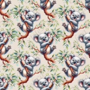 Koala joyeux et feuillage fond beige