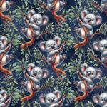 Koala joyeux et feuillage fond bleu