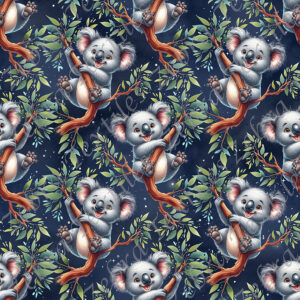 Koala joyeux et feuillage fond bleu