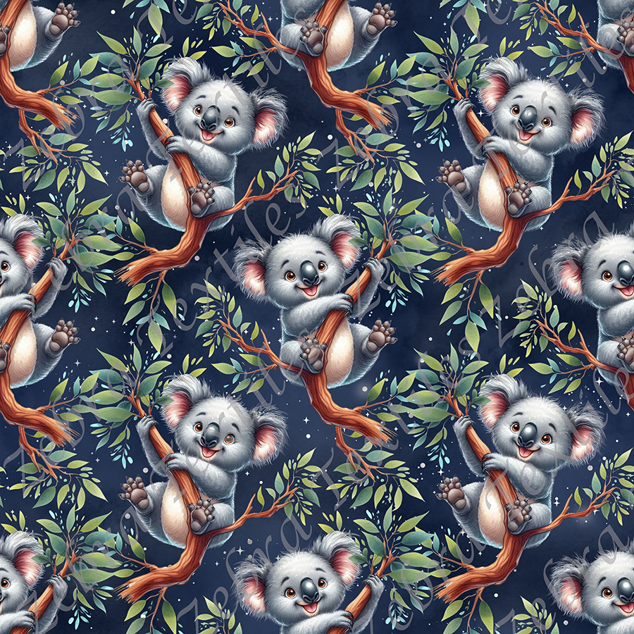 Koala joyeux et feuillage fond bleu