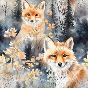 Renard aquarelle et sapin