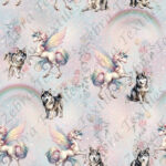 Licorne et husky fond arc en ciel