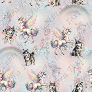 Licorne et husky fond arc en ciel