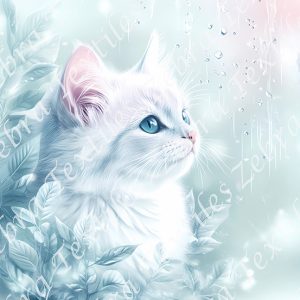 Chat blanc sous la pluie