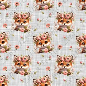 Renard floral rose fond lin gris